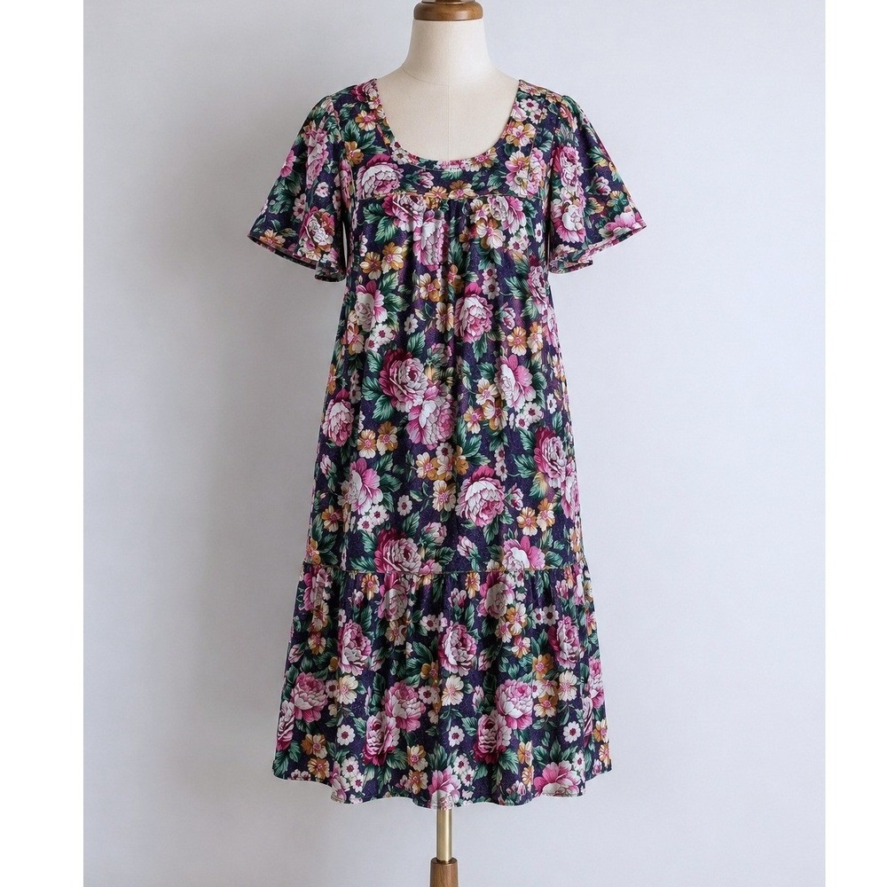 Vintage Floral Peony Midi Dress Pink Tiered USA Small Cottagecore Boho Prairie